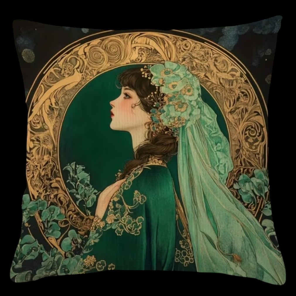 Vintage Kissen Jugendstil Frau Smaragdgrün Gold auf schwarzem Hintergrund
