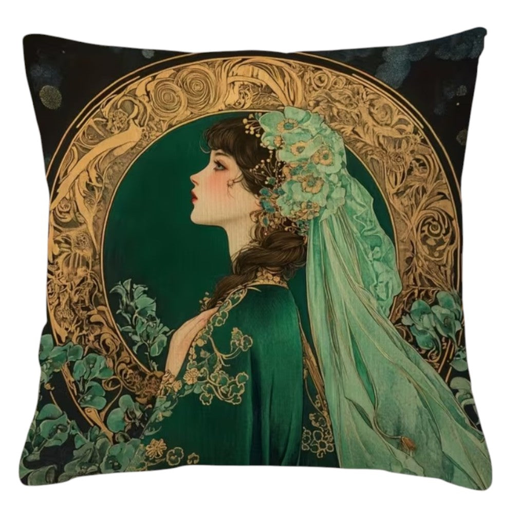 Vintage Kissen Jugendstil Frau Smaragdgrün Gold auf weißem Hintergrund