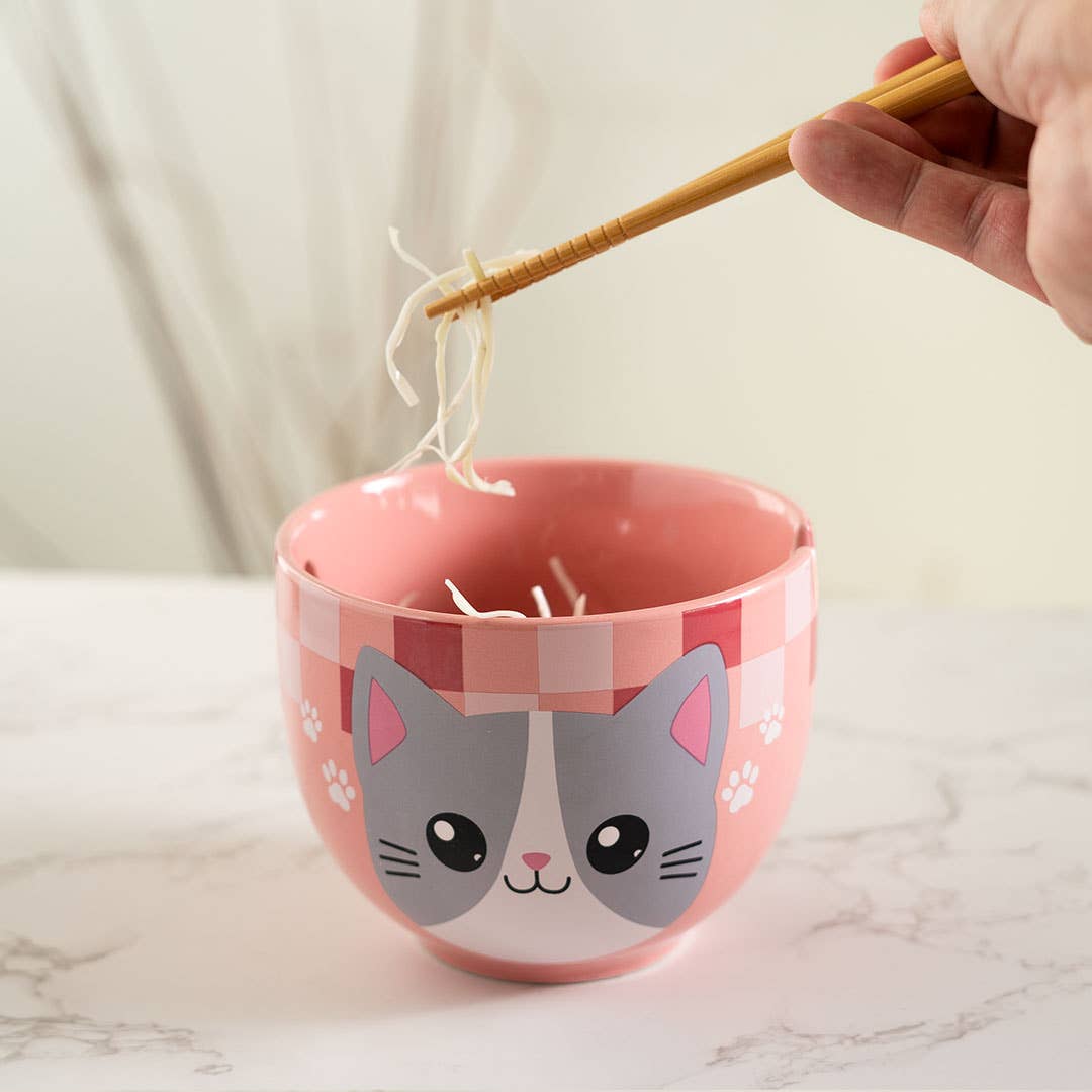 Rosa Kawaii Katzen-Ramenschale mit Essstäbchen