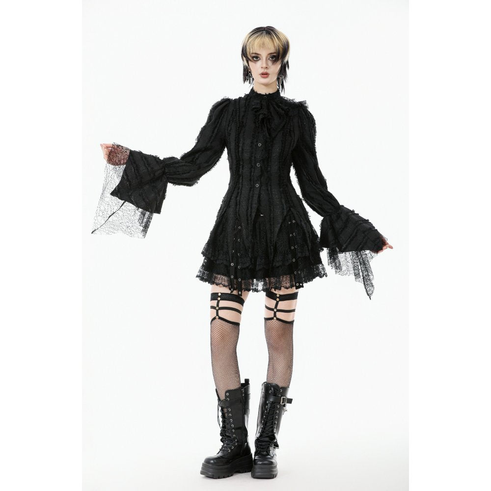 Gothic Zipfelbluse Hexe in schwarz mit Spitze