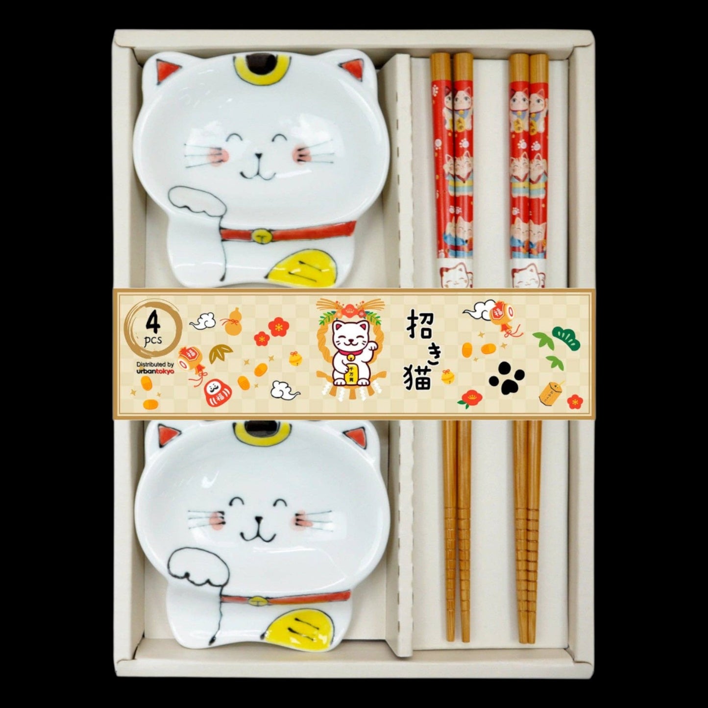 Glückskatzen 2 Paar Holzstäbchen und Schale Maneki-Neko-Geschirrset