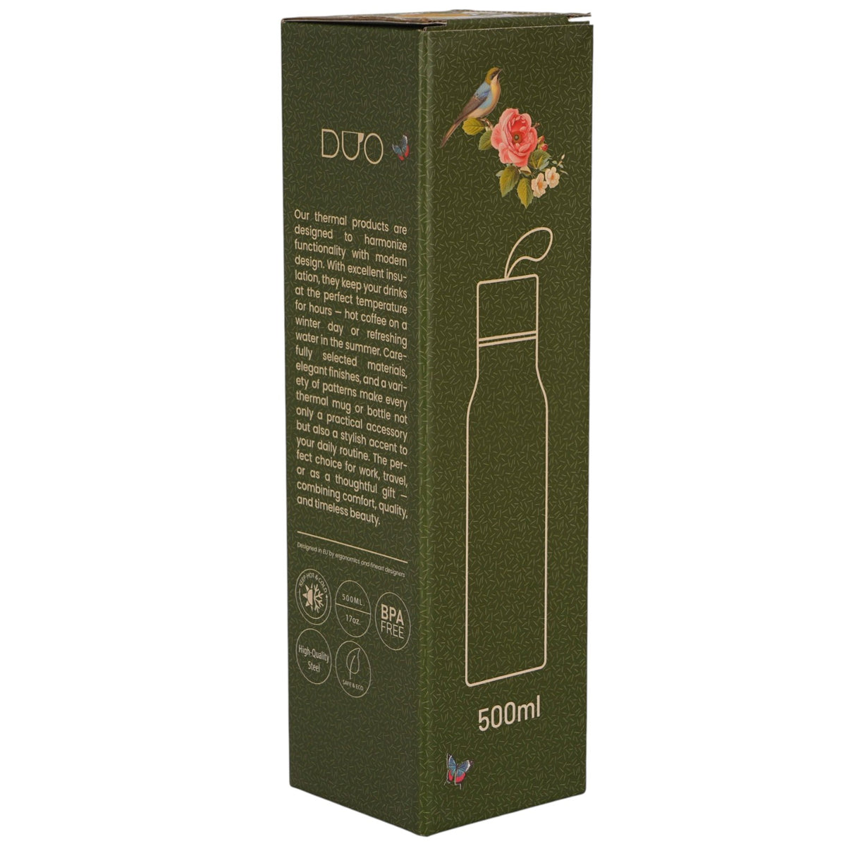 Thermosflasche „April“ Kwiaty Classic 500 ml, Blumen-Motiv, Edelstahl Duo Vogelmotiv