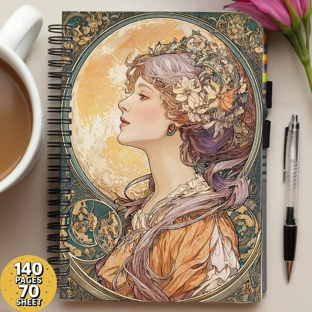 Vintage Notizbuch Mucha Mondfrau auf Tisch mit Kaffee und Stift – 140 Seiten