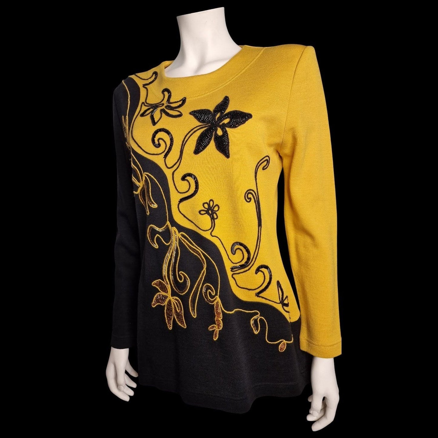 Anna Lugli Italian Designer Vintage Pullover Gelb-Schwarz mit Stickerei M/L