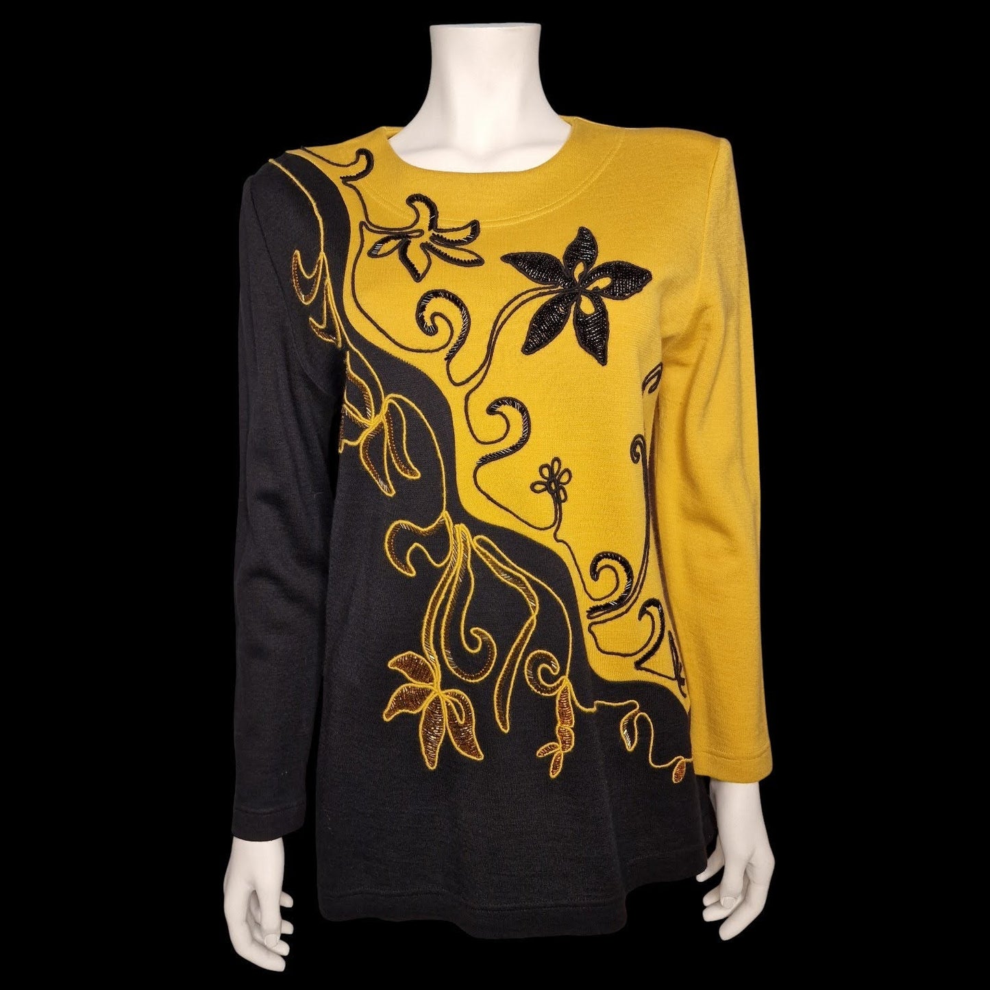 Anna Lugli Italian Designer Vintage Pullover Gelb-Schwarz mit Stickerei M/L