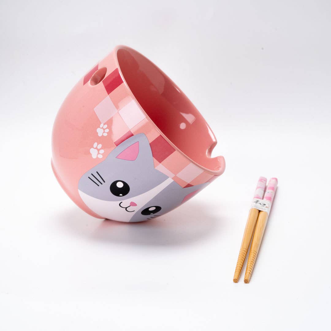 Rosa Kawaii Katzen-Ramenschale mit Essstäbchen