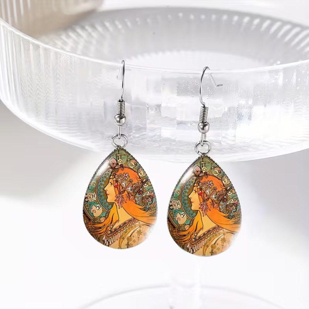 Vintage Ohrringe Mucha Zodiac Jugendstil Glas Tropfen auf Kristallglas