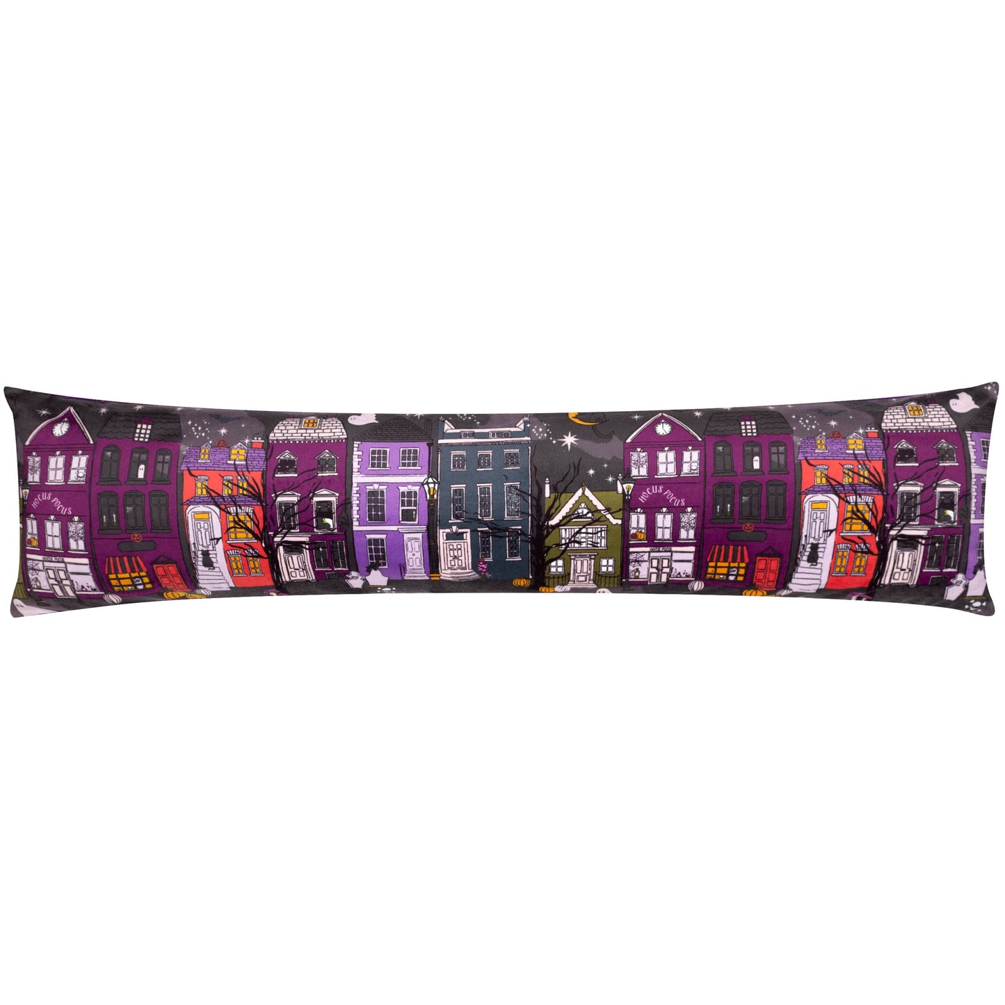 Kultiger "Creepy Town" Halloween Türstopper aus Samt violett 90 cm