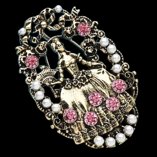 Große Brosche mit "Lady mit Fächer" barock in goldfarben