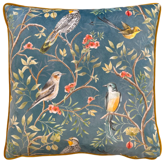 Dekokissen Samt „Orient Chinoiserie“ in Schieferblau mit Vögeln