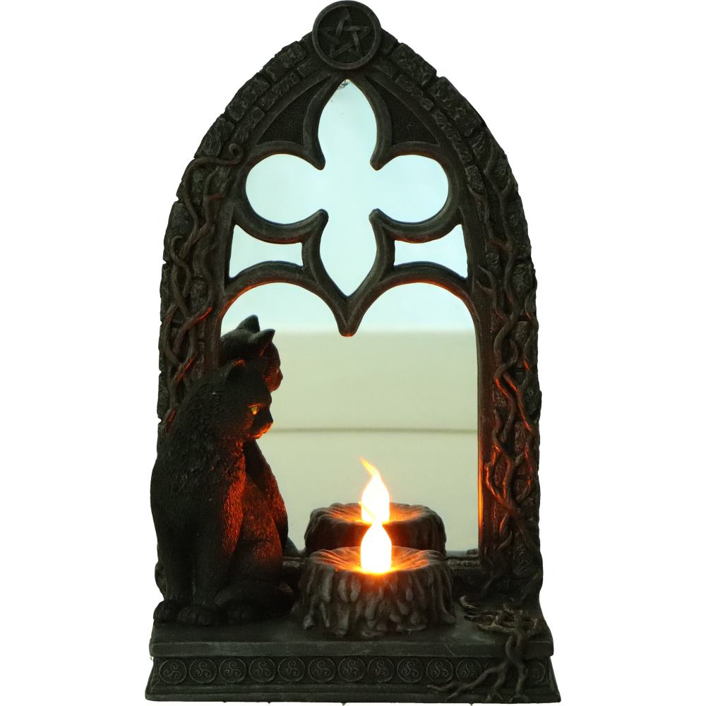 Gothic Led Teelichthalter Katze mit gotischem Bogen und Spiegel 21 cm