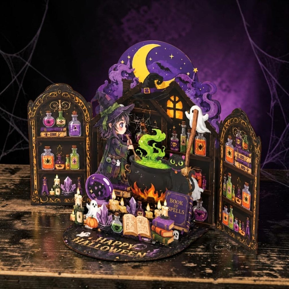 3D-Halloween-Grußkarte mit Hexe und Zauberkessel