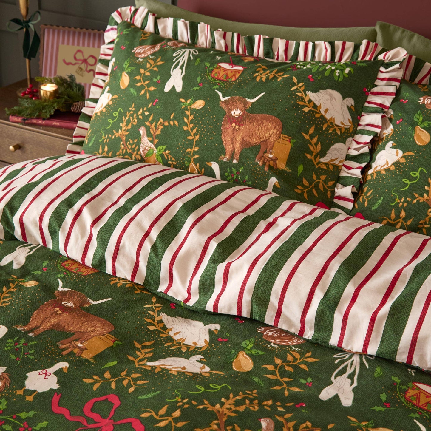 Vintage Landhaus Rüschen-Wendebettwäsche-Set Grün "Twelve Days"
