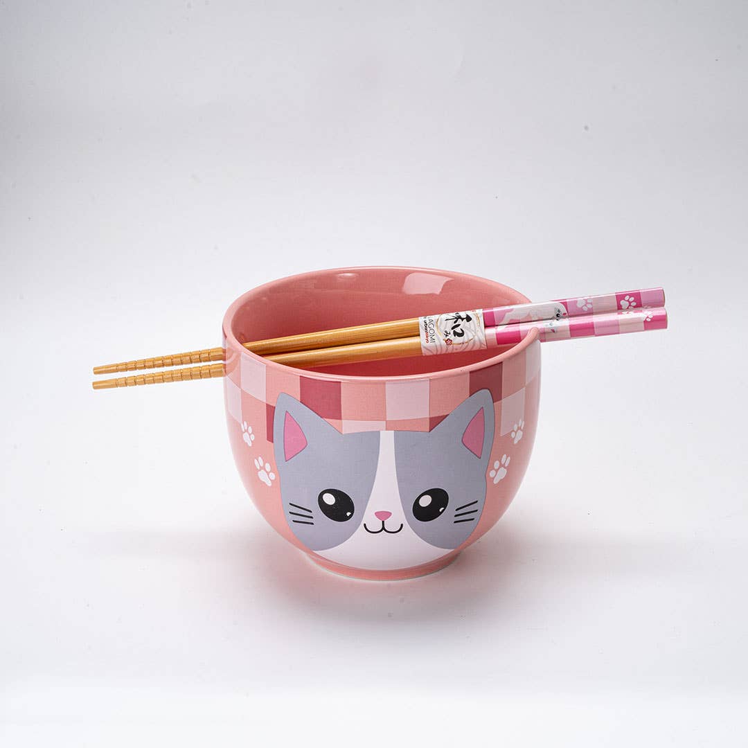 Rosa Kawaii Katzen-Ramenschale mit Essstäbchen