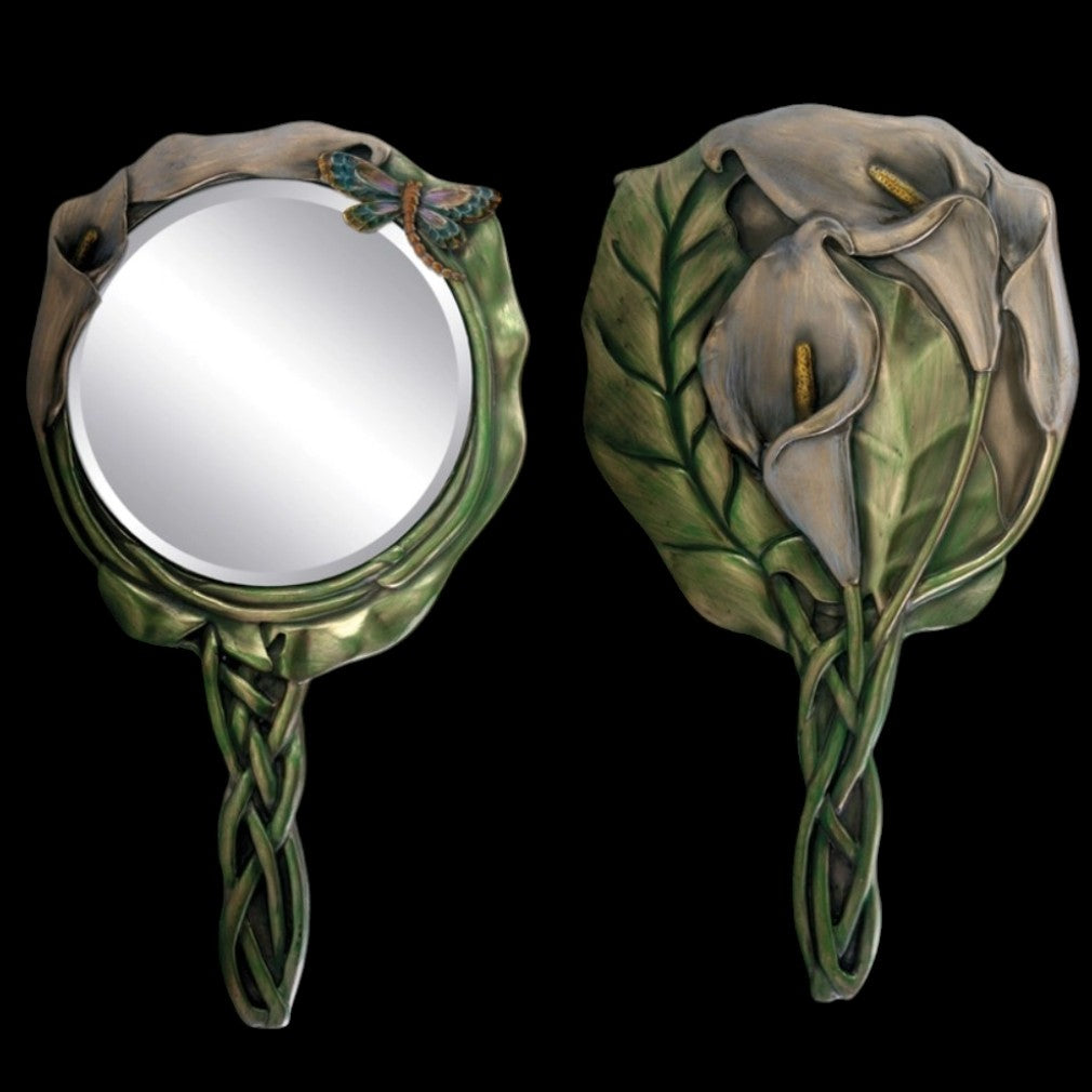 Vintage Handspiegel Calla-Lilien Vorder- und Rückseite auf schwarzem Hintergrund