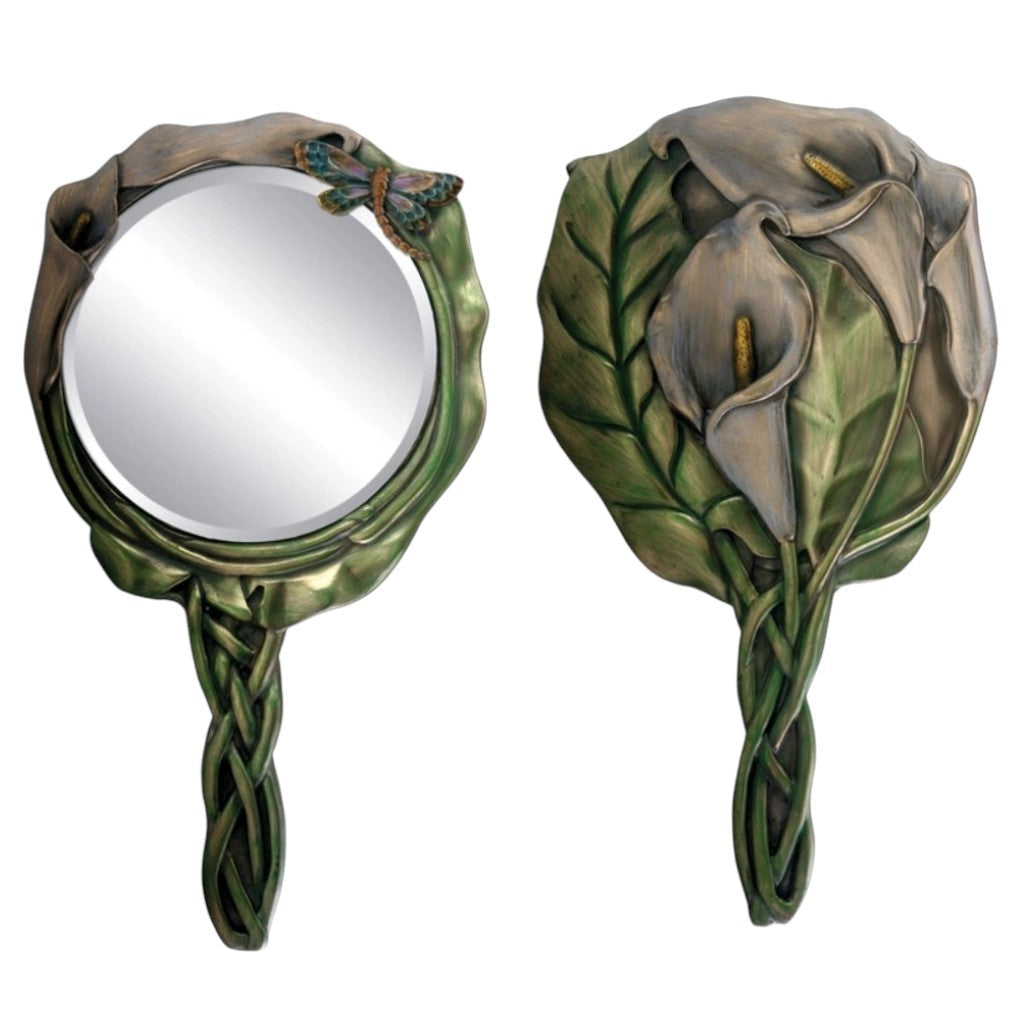 Vintage Handspiegel Calla-Lilien Vorder- und Rückseite auf weißem Hintergrund