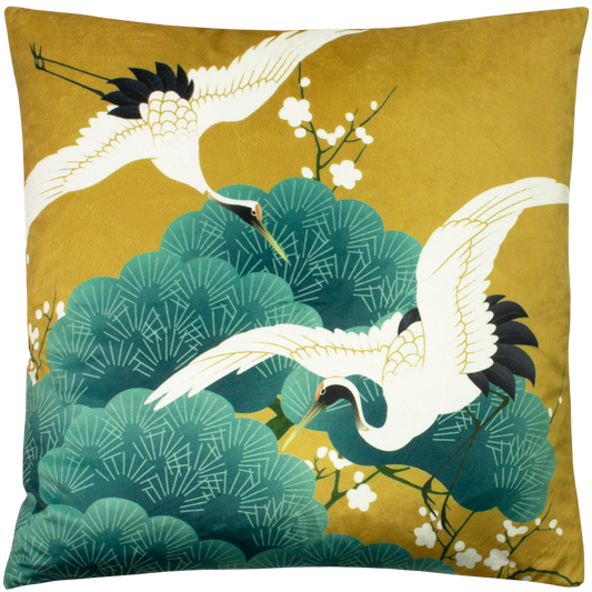 Dekokissen Samt mit Füllung Japan Kranich „Kensho“ vintage 50x50 cm