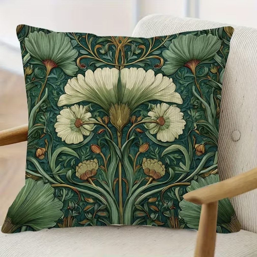 Vintage Kissen William Morris Jugendstil Blumen Grün auf Holzstuhl