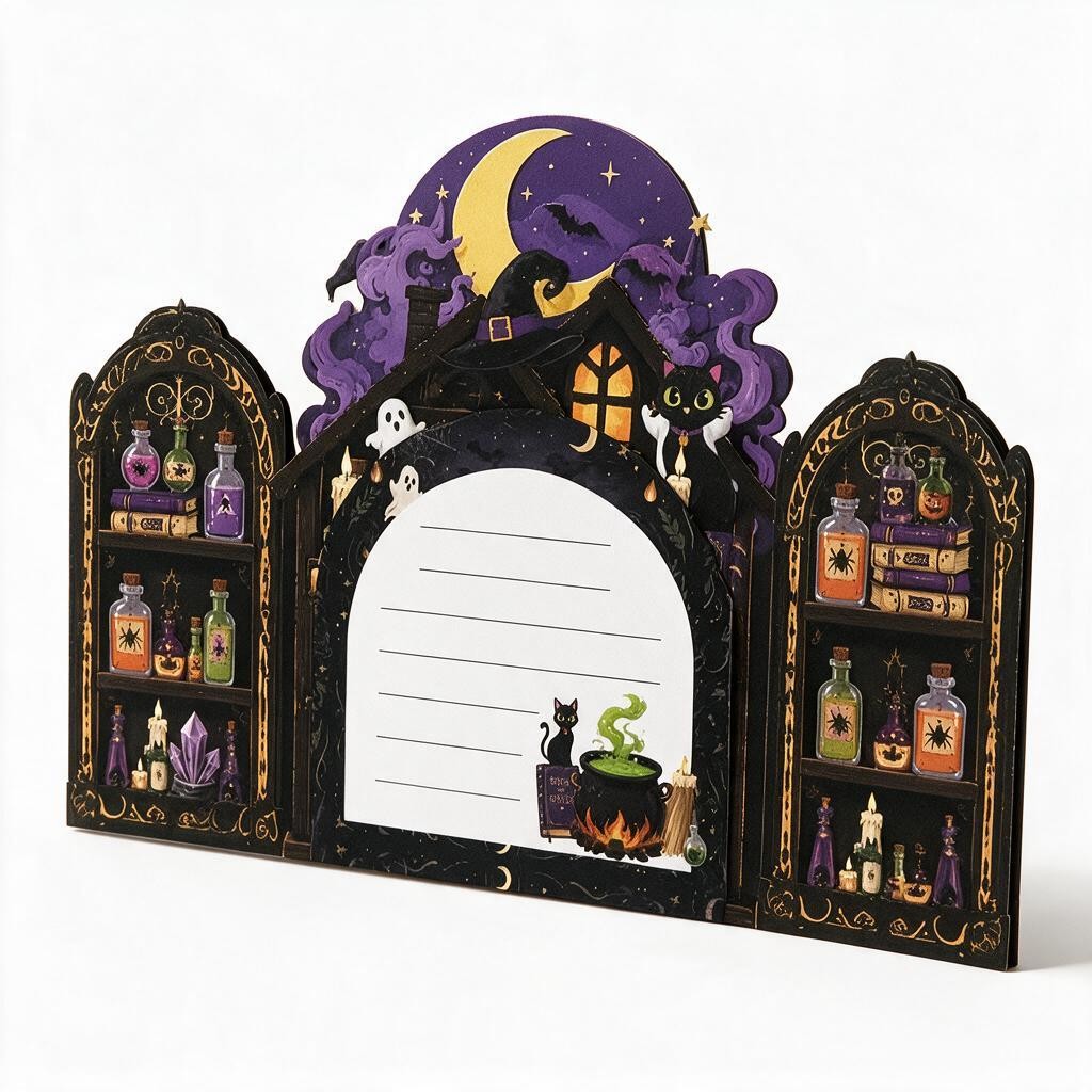 3D-Halloween-Grußkarte mit Hexe und Zauberkessel