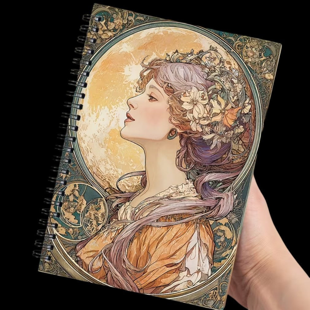 Vintage Notizbuch Mucha Mondfrau in Hand – schwarzer Hintergrund