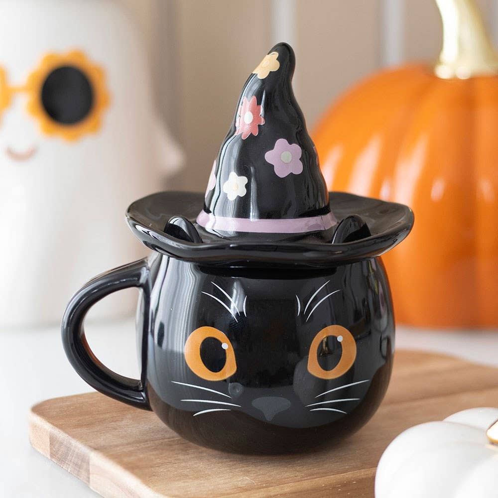 Süße Hexen Katzen Tasse in 3D mit Deckel