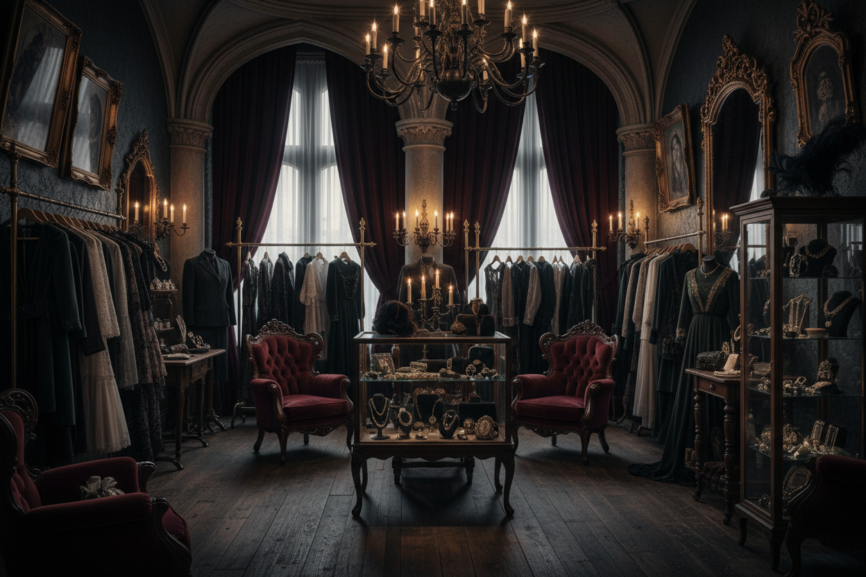 erstelle mir ein bild mit einem gothic und vintage ladengeschäft von innen