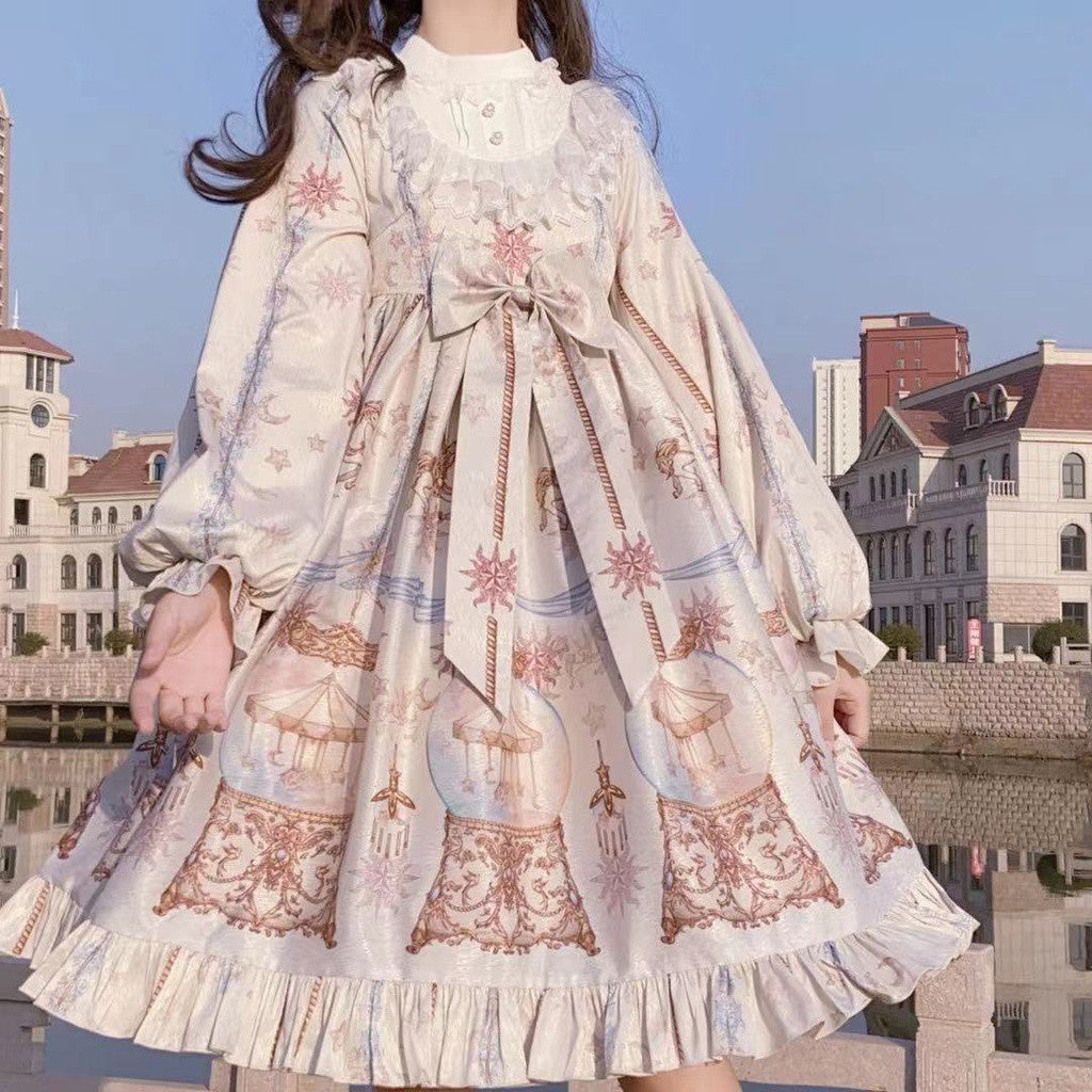 Classic Lolita Kleid OP  Karusell-Print mit Spitzenkragen und Satinschleife
