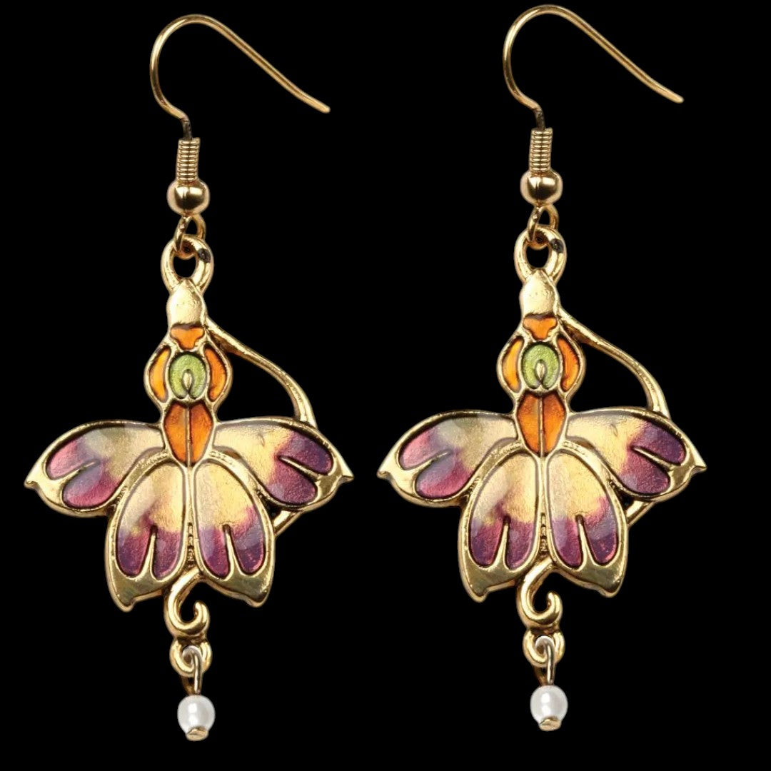 Jugendstil Orchideen-Fee Ohrringe – schwarzer Hintergrund