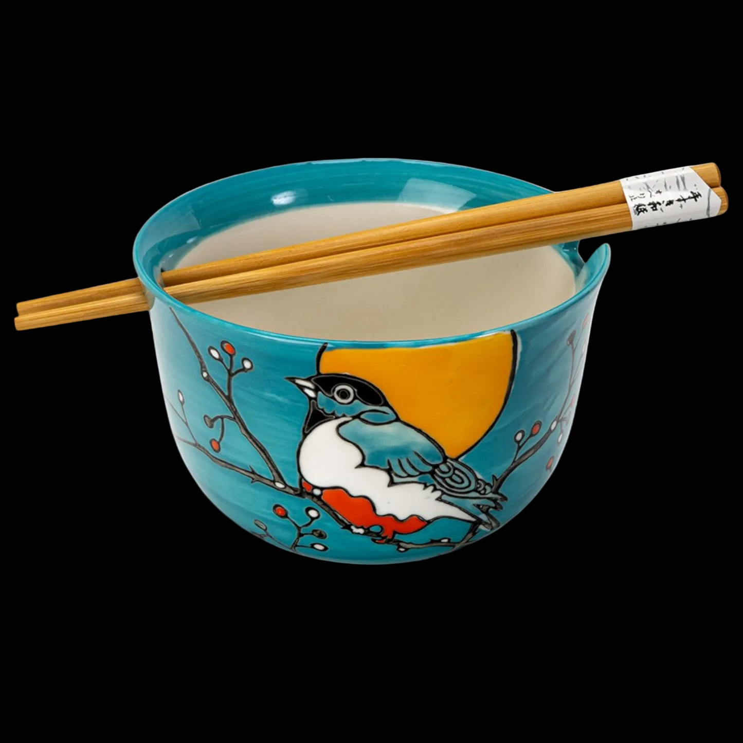 Klassisch Japanische Keramik-Ramenschale "Rotkehlchen" mit Essstäbchen
