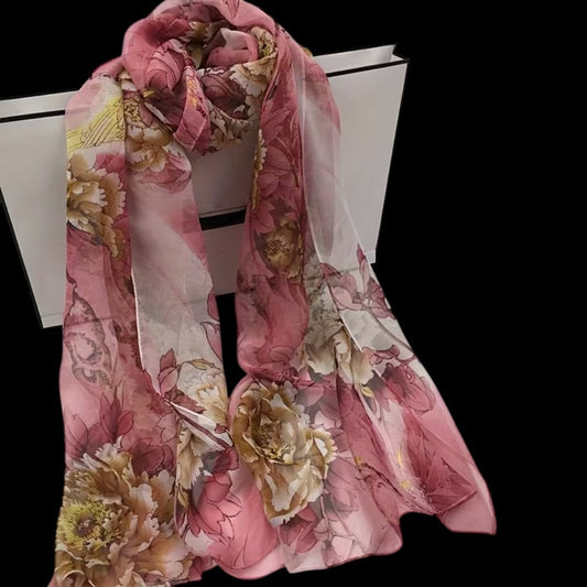 Vintage Schal Pfingstrose Rosa Chiffon auf schwarzem Hintergrund – drapiert