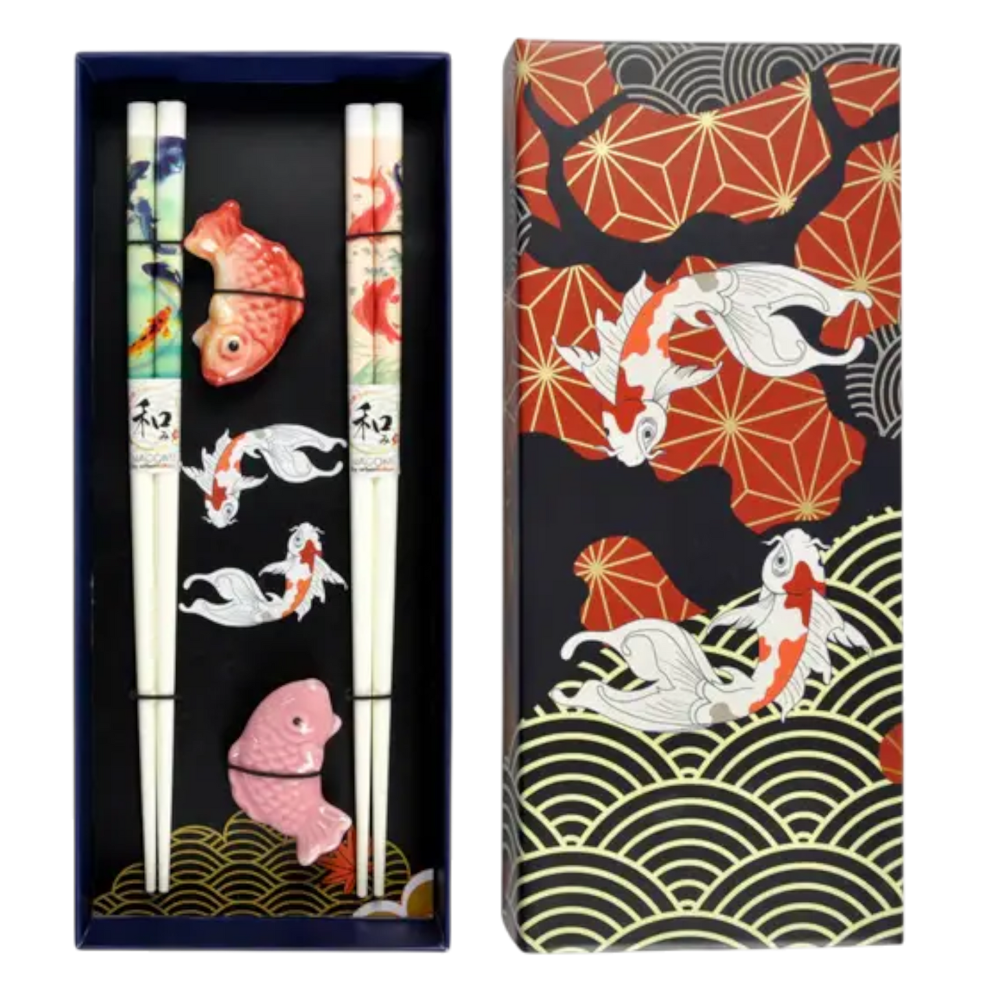 Japanisches Essstäbchen-Set „Glücks-Koi“ 2 Paare mit Ablage