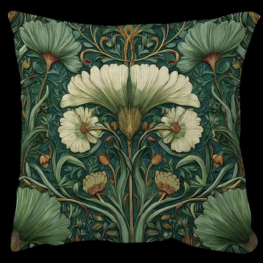 Vintage Kissen William Morris Jugendstil Blumen Grün auf schwarzem Hintergrund