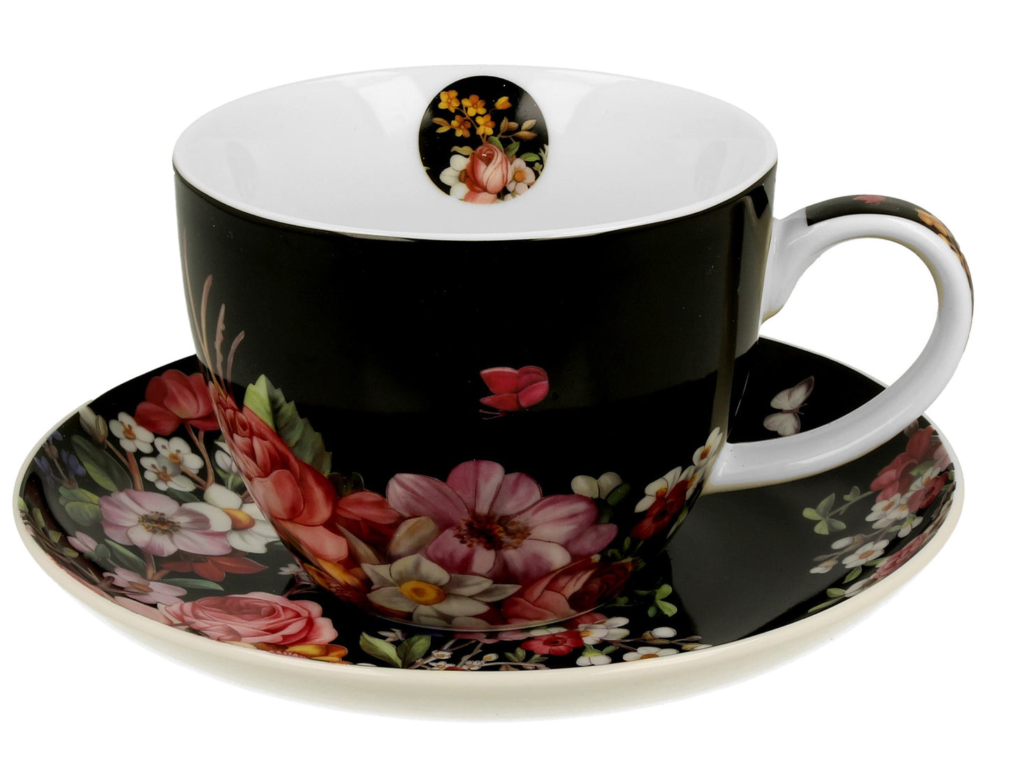 Vintage Duo Tasse mit Untertasse Blumen schwarz