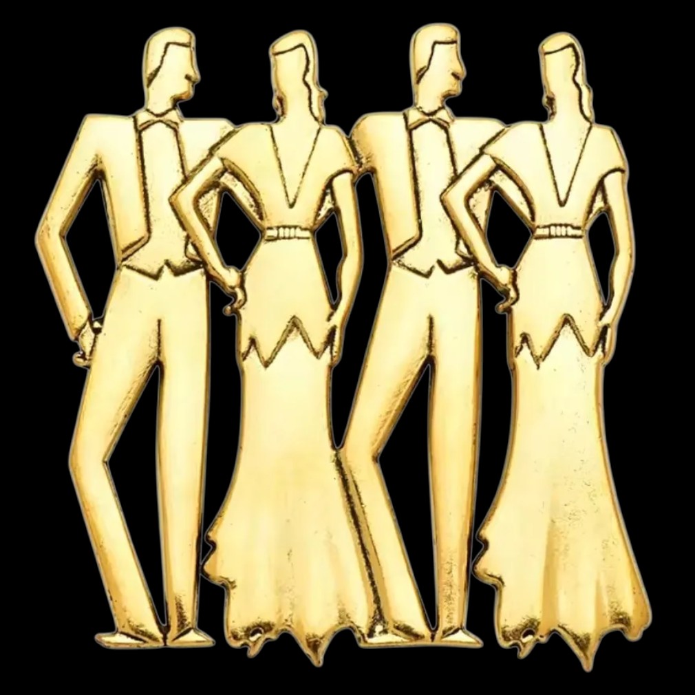 Vintage Art Deco Tanzpaar Brosche Gold - Weißer Hintergrund Vorderansicht