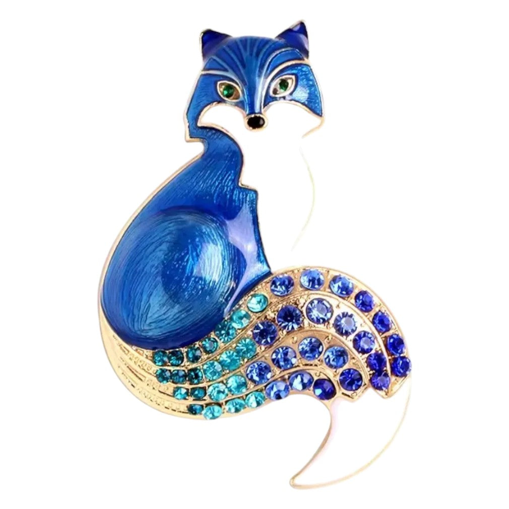 Vintage Fuchsbrosche Blau Emaille – Frontansicht weißer Hintergrund