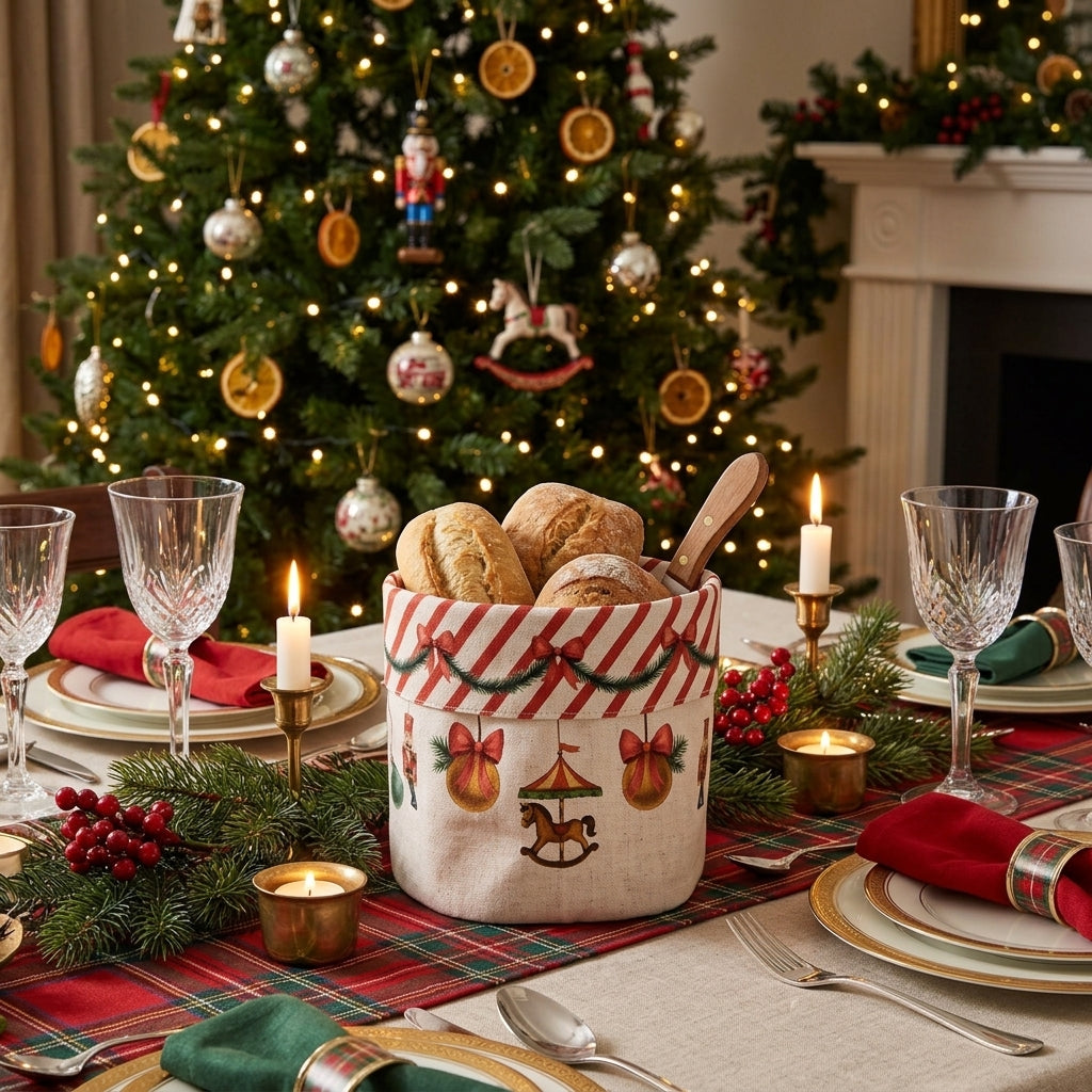 Weihnachtlicher Brotkorb Baumwolle Beige-Rot – Ø 15 × 16 cm