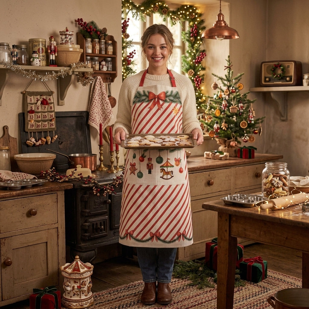 Vintage-Küchenschürze Weihnachten – Beige-Rot, 70 × 85 cm