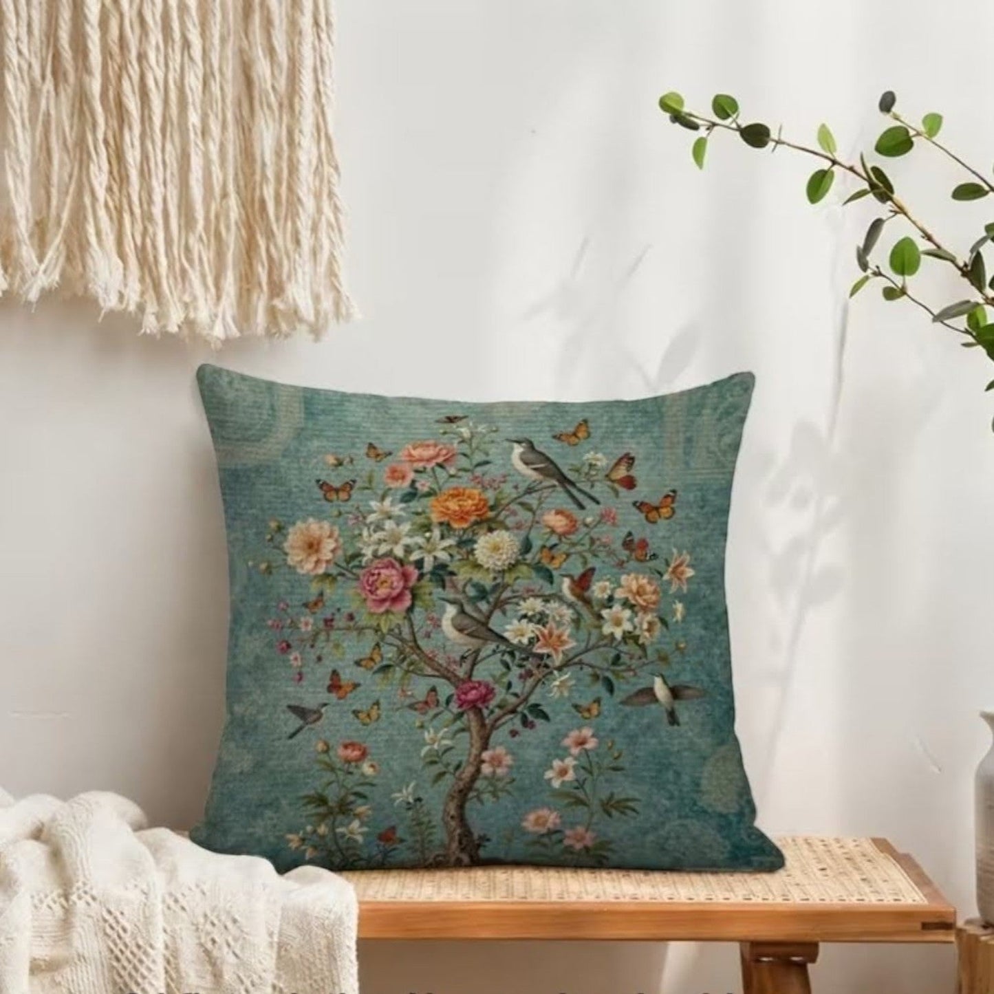 Dekokissen Chinoiserie Lebensbaum – Lifestyle Vintage Sessel mit Rosen