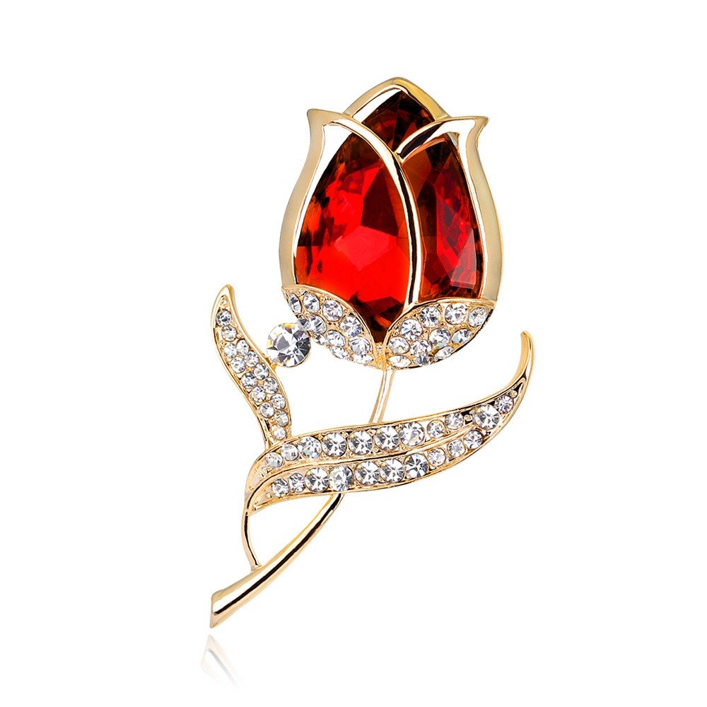 Vintage Tulpenbrosche Rot-Gold – Schrägansicht weißer Hintergrund