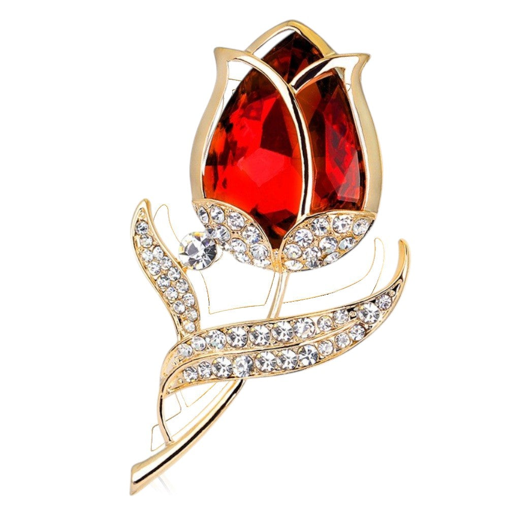 Vintage Tulpenbrosche Rot-Gold – Frontansicht weißer Hintergrund