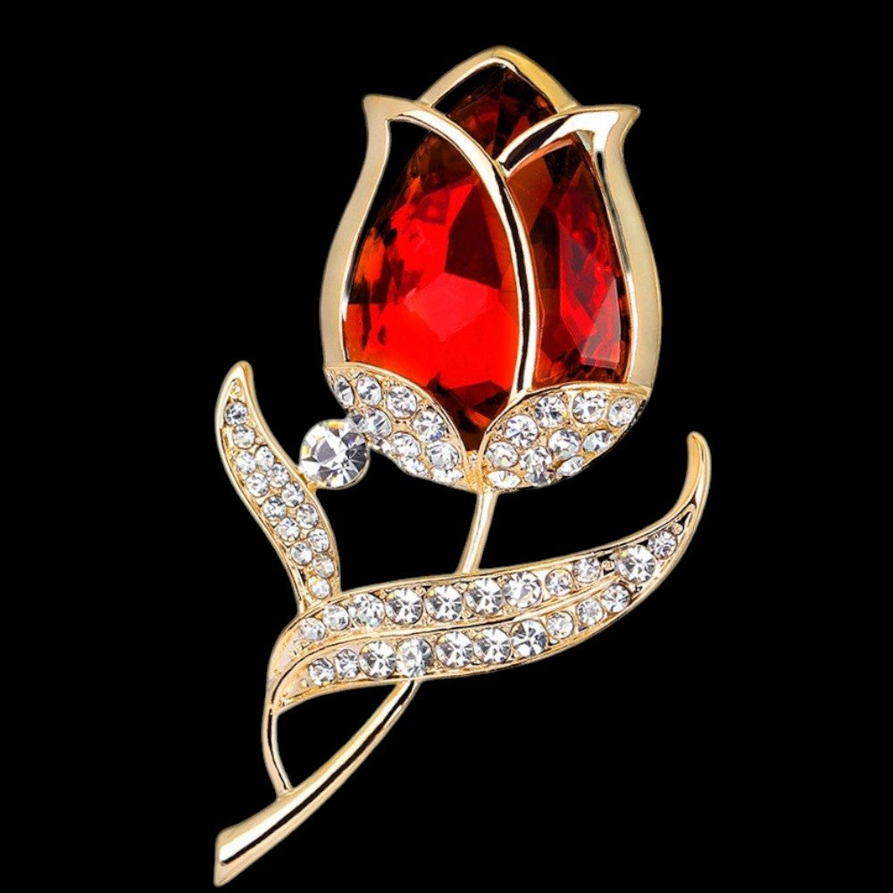 Vintage Tulpenbrosche Rot-Gold – Frontansicht schwarzer Hintergrund