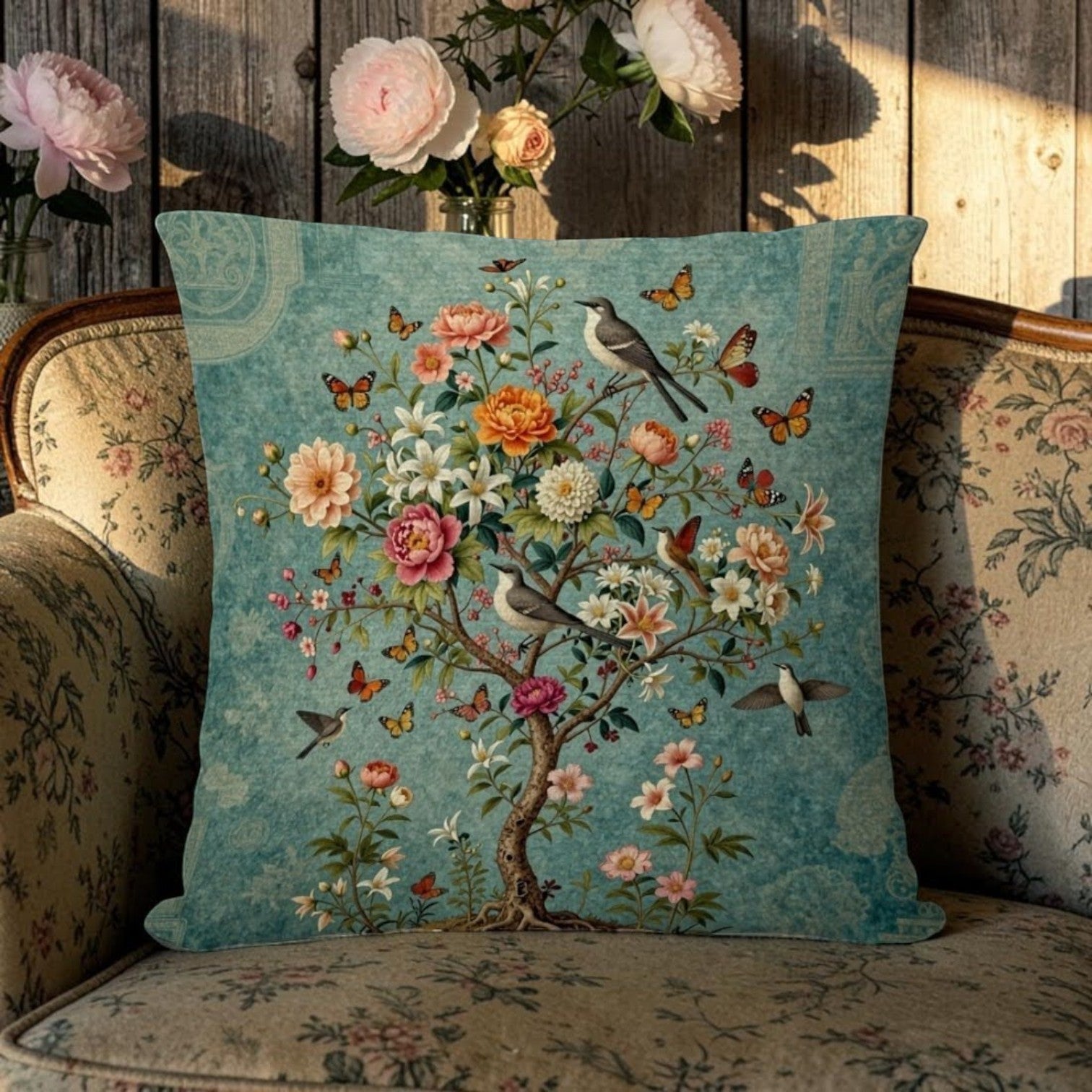 Dekokissen Chinoiserie Lebensbaum – Lifestyle weißes Sofa mit Olivenzweig