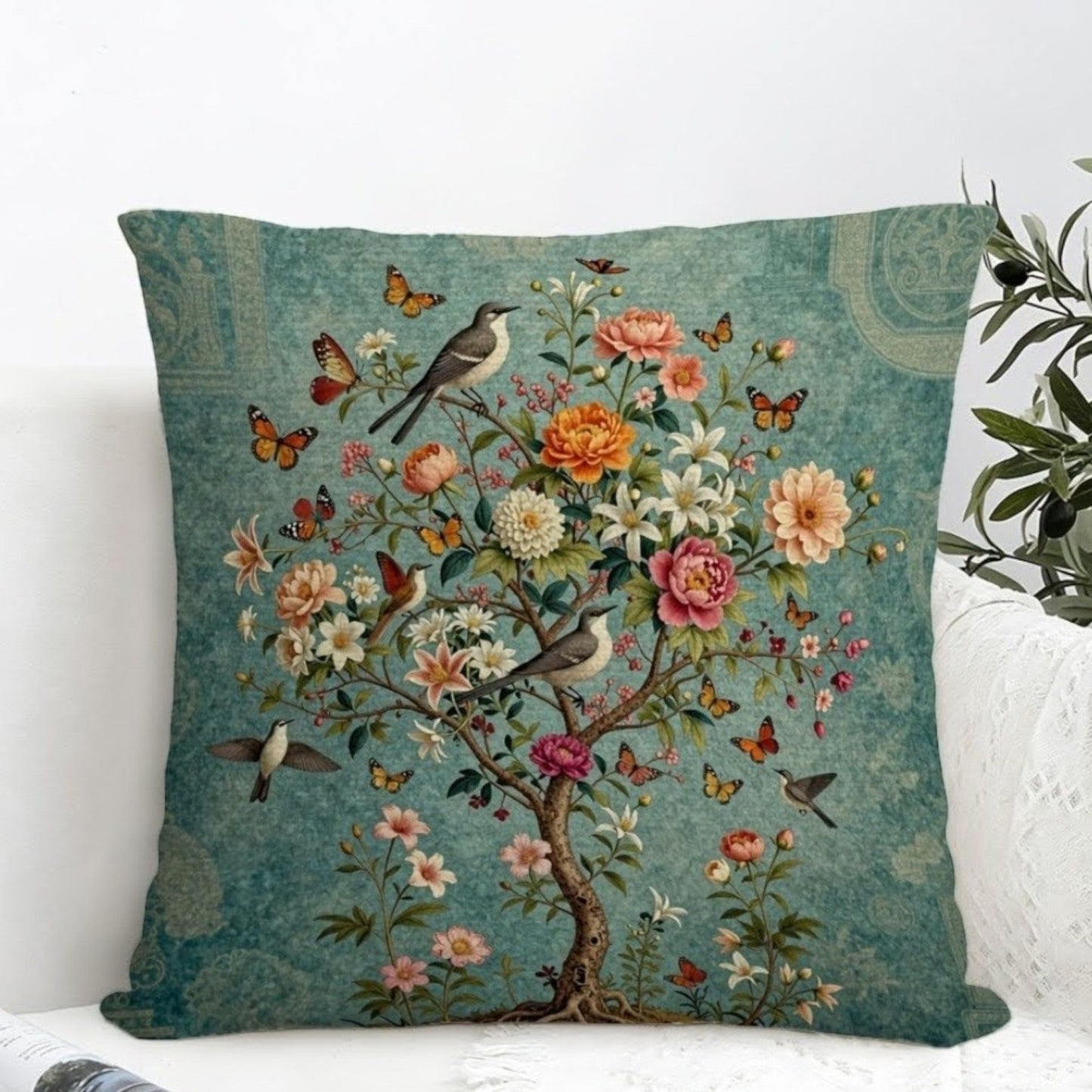 Dekokissen Chinoiserie Lebensbaum – Lifestyle Rattan mit Büchern