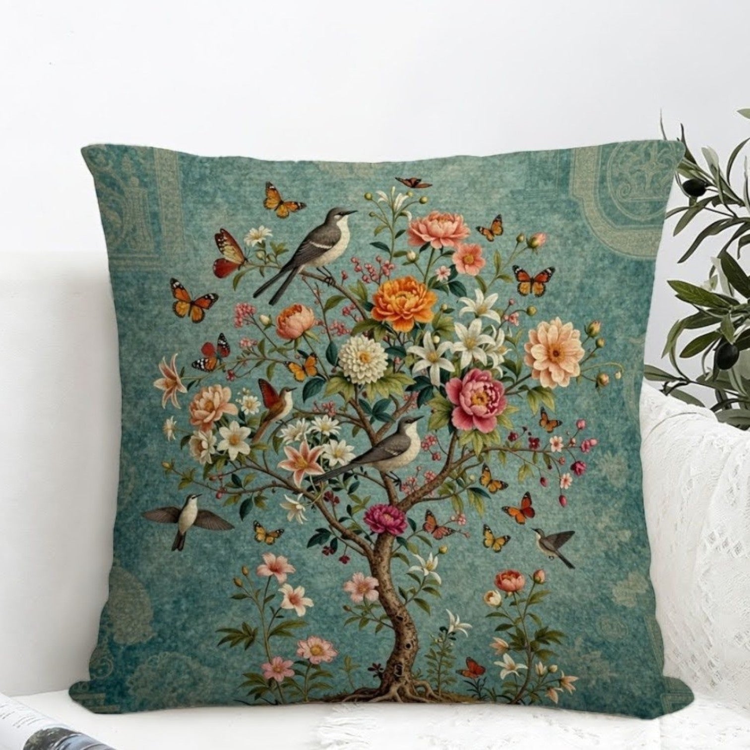 Dekokissen Chinoiserie Lebensbaum – Lifestyle Rattan mit Büchern