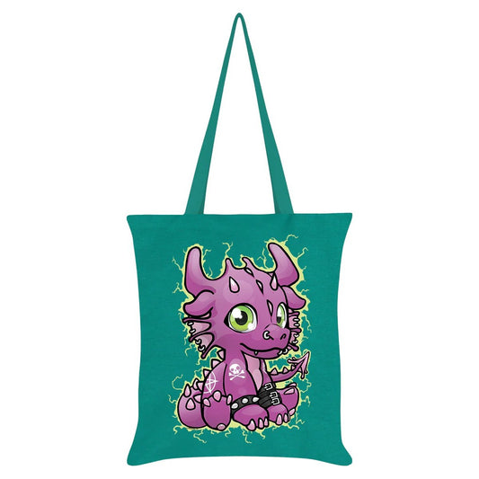 Kawaii Shoppertasche Stofftasche in türkis mit kleinem Drachen