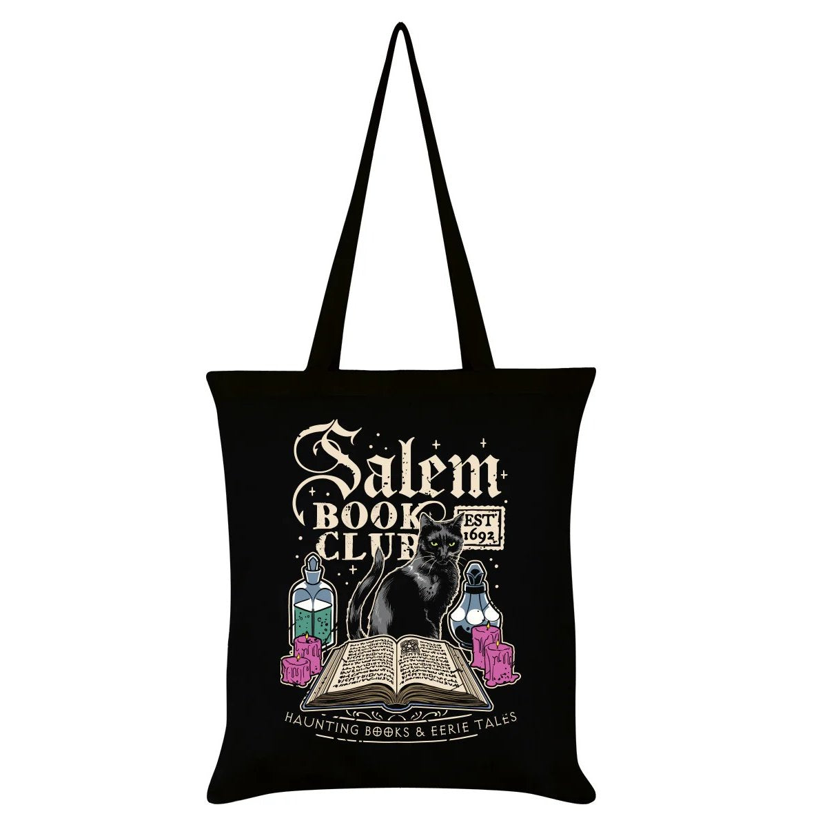 Schwarze Stofftasche Shoppertasche "Salem Book Club" mit Katze