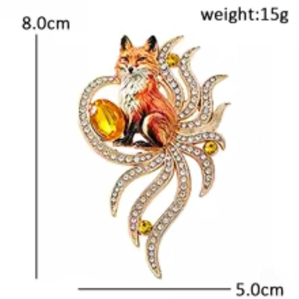 Fuchs-Brosche Gold mit Strass und Bernstein-Kristall – Maßangaben 8x5cm