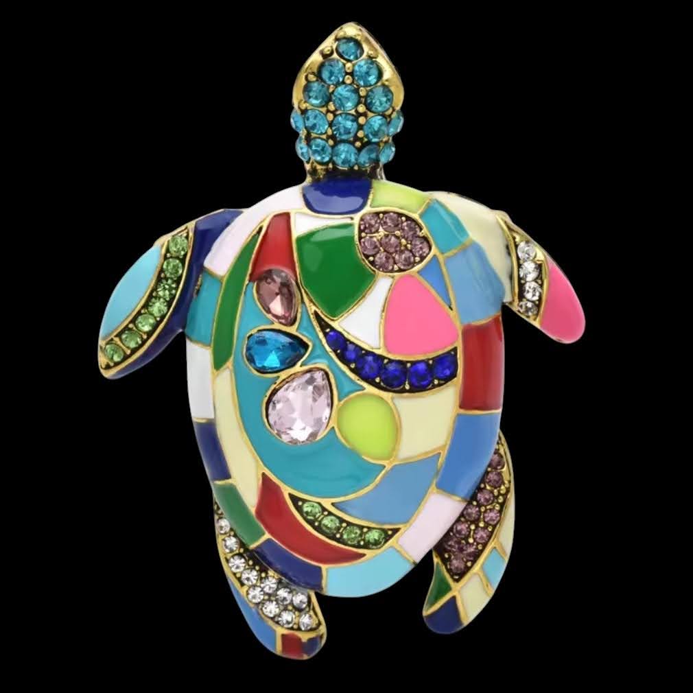 Bunte Schildkröten-Brosche Emaille auf schwarzem Hintergrund