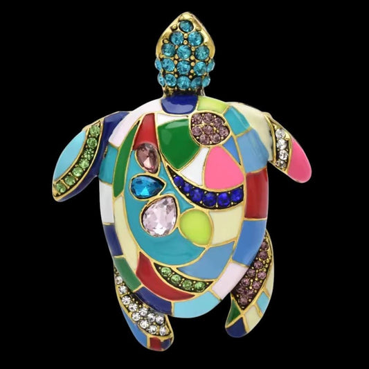 Bunte Schildkröten-Brosche Emaille auf schwarzem Hintergrund