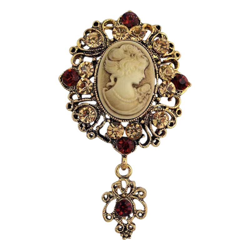 Cameo Brosche Vintage Gold mit Kristallen Detailansicht
